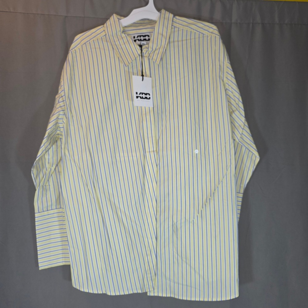 KBB by Kahlana Barfield Brown Yellow Stripe Cotton Button Down Shirt L KBBW-030